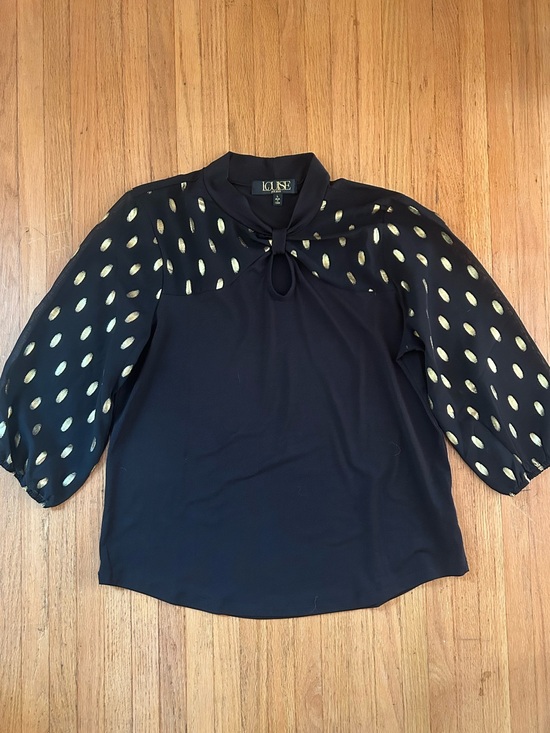 Louise Paris Tops - Louise Paris Black Blouse with Gold Dot Sheer Sleeves